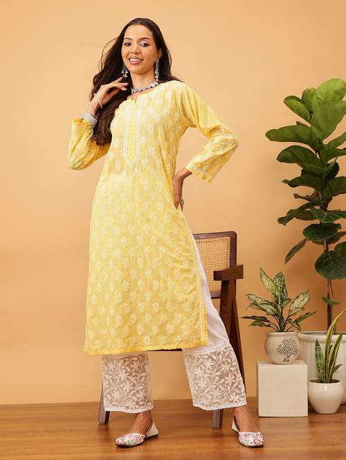 women solid with work long sleeve chikankari straight kurta - 22186321 -  Standard Image - 0