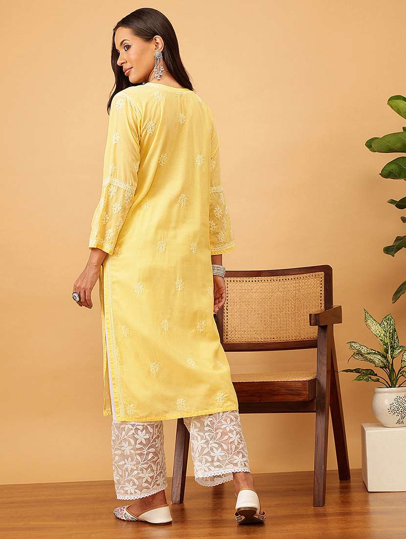 women solid with work long sleeve chikankari straight kurta - 22186321 -  Standard Image - 3