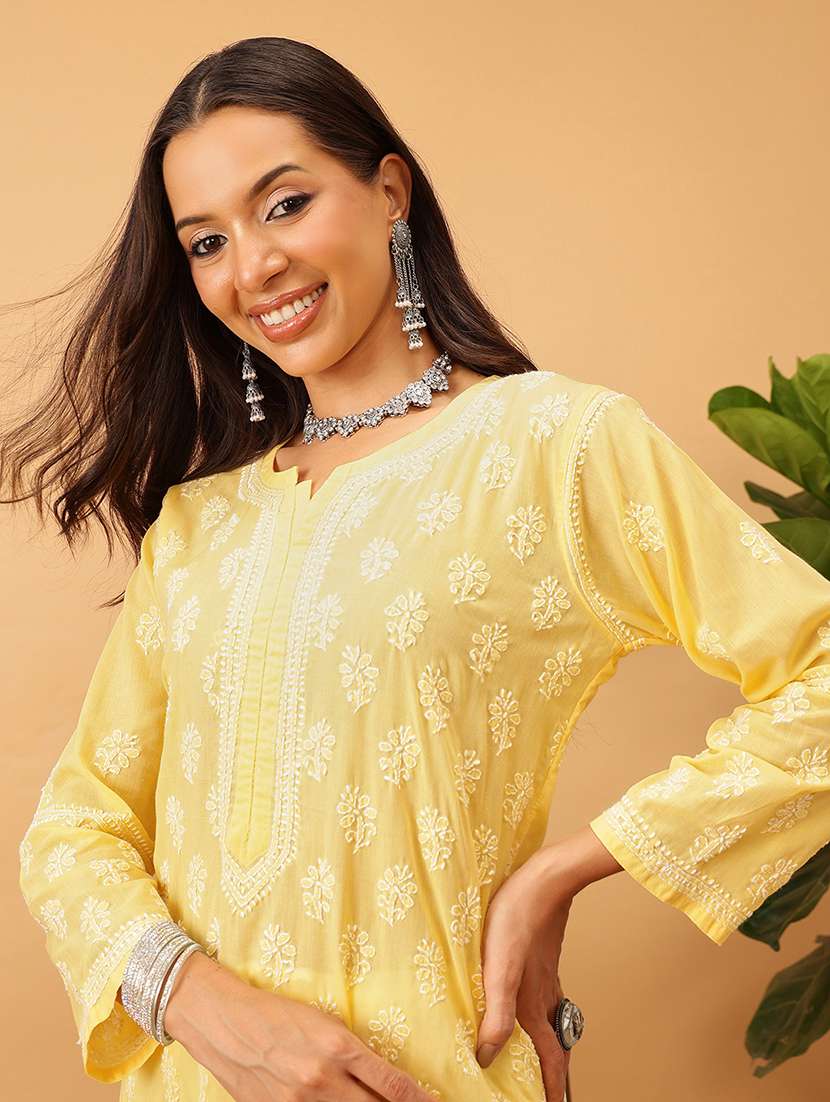 women solid with work long sleeve chikankari straight kurta - 22186321 -  Standard Image - 5
