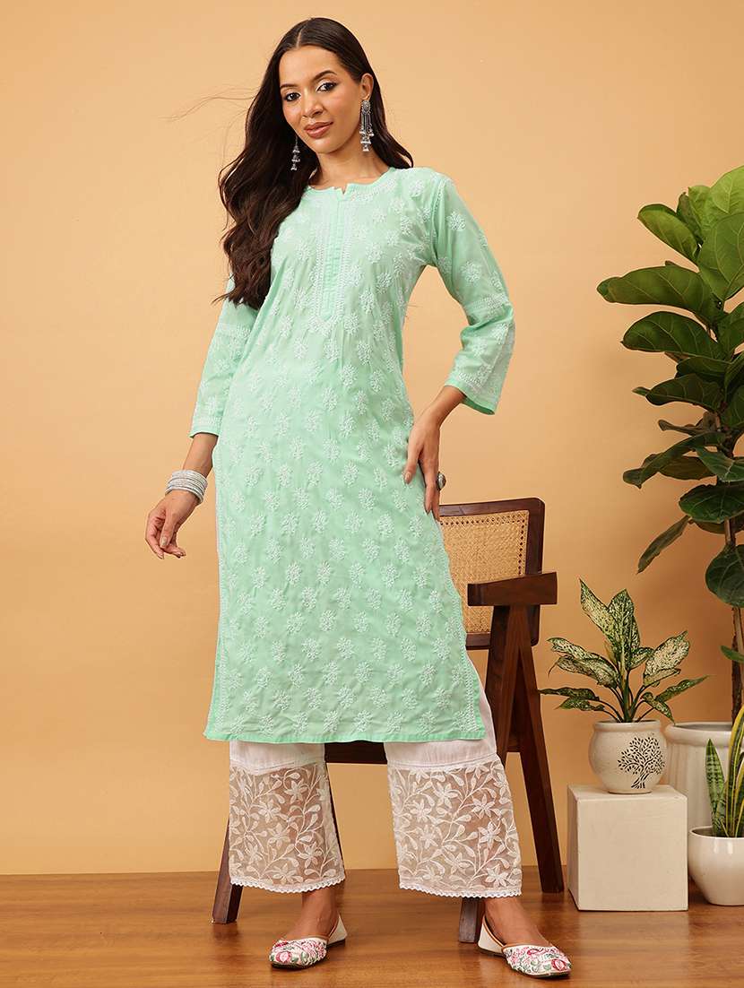 women solid with work long sleeve chikankari straight kurta