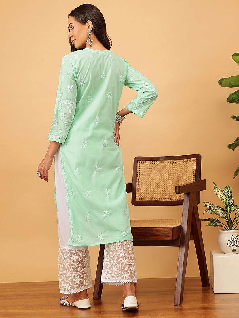 women solid with work long sleeve chikankari straight kurta - 22186322 -  Standard Image - 3