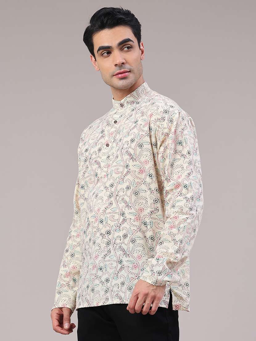 men printed mandarin neck short kurta - 22186647 -  Standard Image - 3