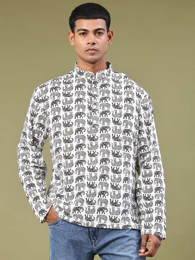 men printed mandarin neck short kurta