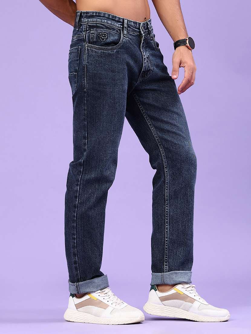 men plain mid rise full length tapered jeans