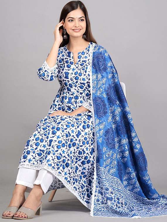 women floral three quarter sleeve kurta pant with dupatta set - 22186919 -  Standard Image - 3