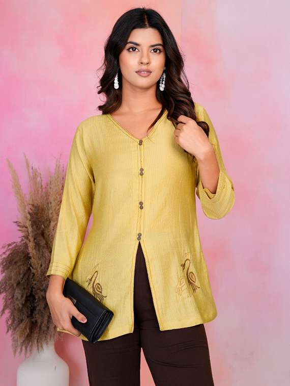 women embroidered long sleeve front slit kurti