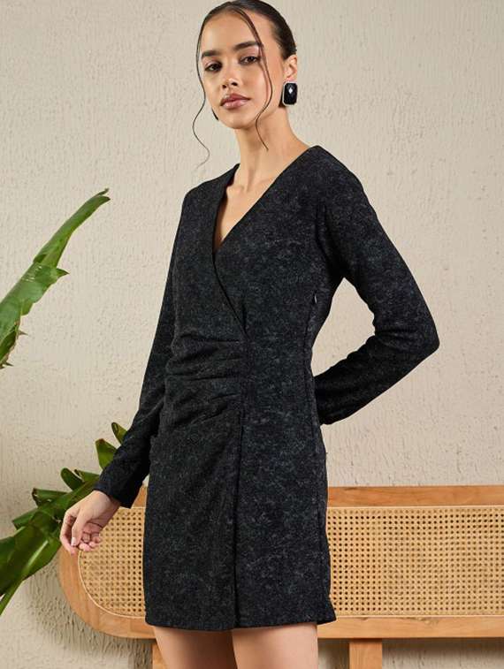 women solid long sleeve wrap dress - 22186925 -  Standard Image - 3
