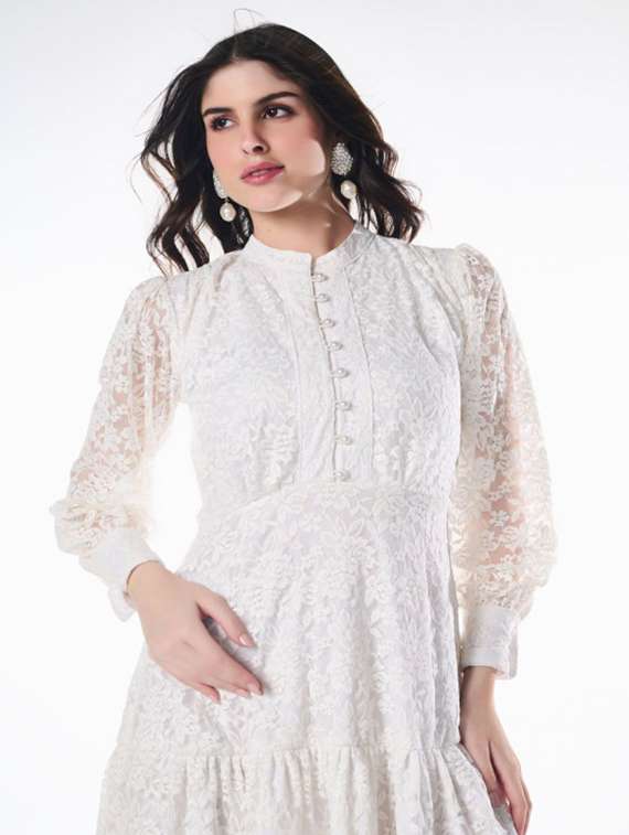 women solid puff sleeve lace tiered dress - 22186933 -  Standard Image - 3