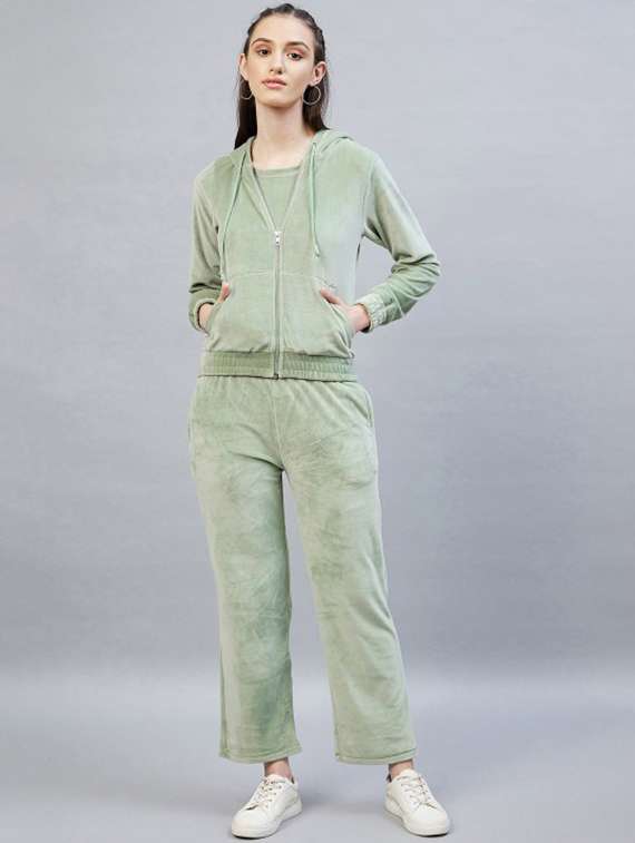 women solid long sleeve hooded winter co-ord set