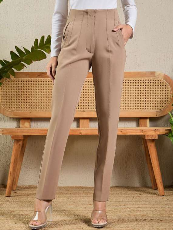 women solid high rise cigarette pants
