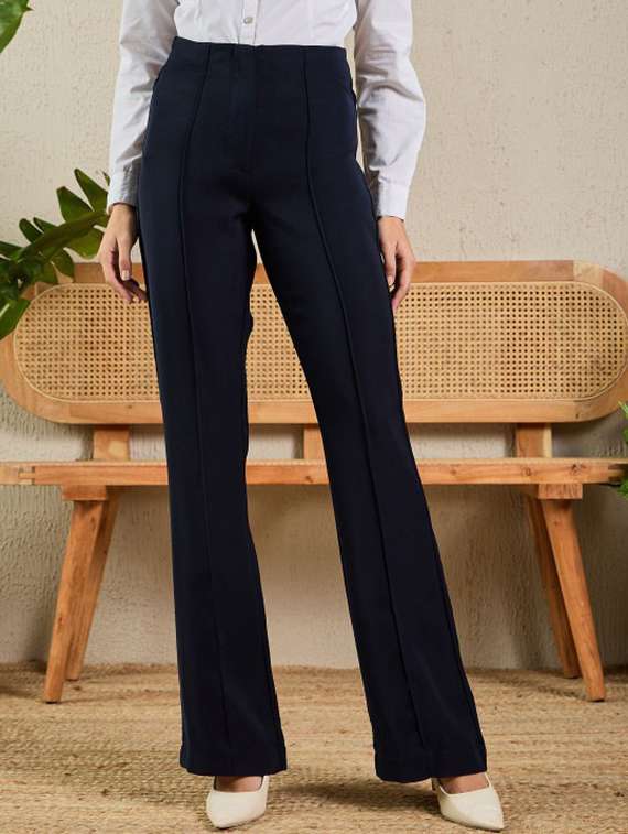 women solid high rise bootcut trouser