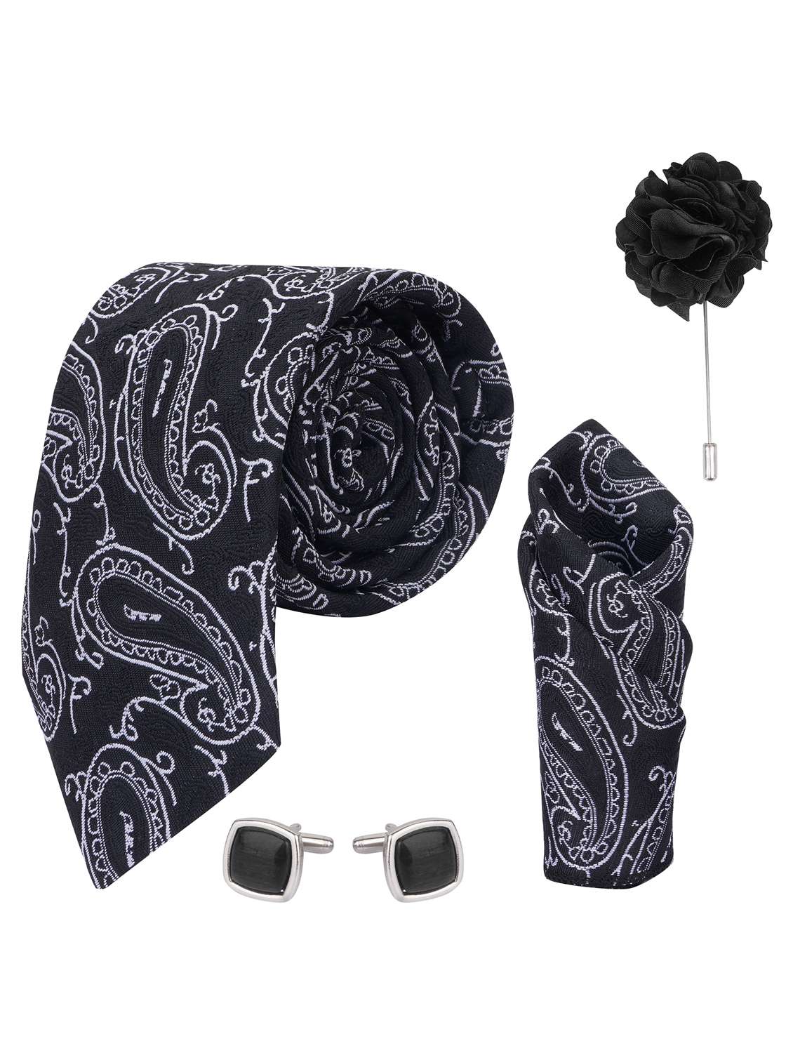 calixto men necktie tie with pocket square lapel pin & cufflinks set