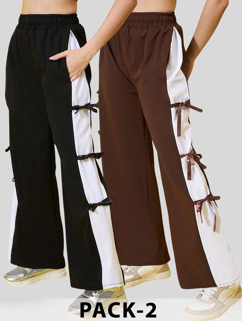 women pack of 2 color block mid rise trouser