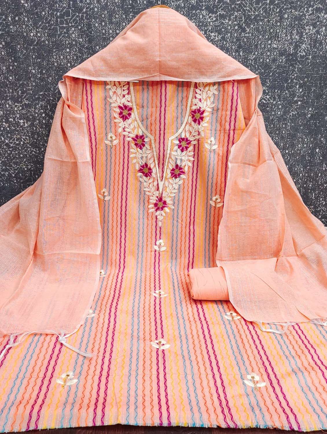 women striped embroidered unstitched suit set - 22187252 -  Standard Image - 3