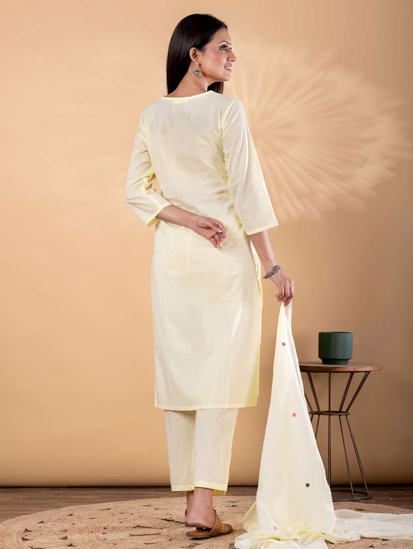 women solid with work three quarter sleeve kurta pant with dupatta set - 22187406 -  Standard Image - 3