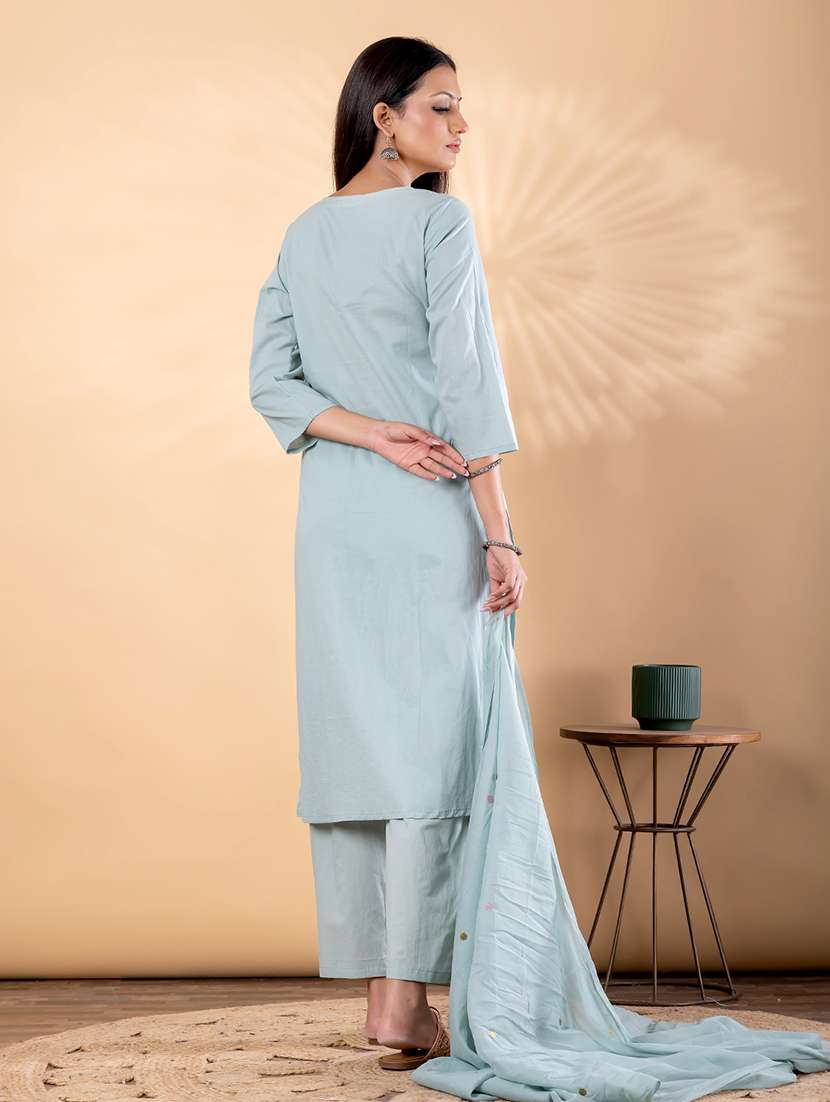 women solid with work three quarter sleeve kurta pant with dupatta set - 22187407 -  Standard Image - 3
