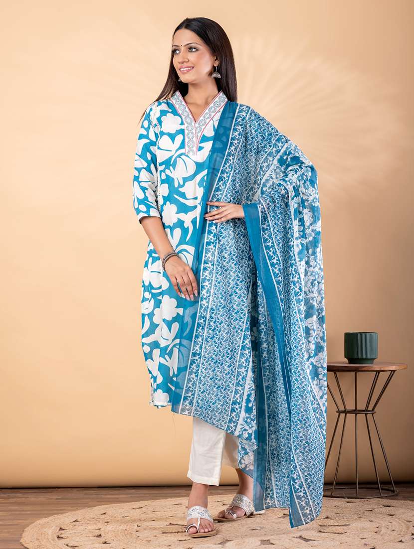 women floral printed three quarter sleeve kurta pant with dupatta set