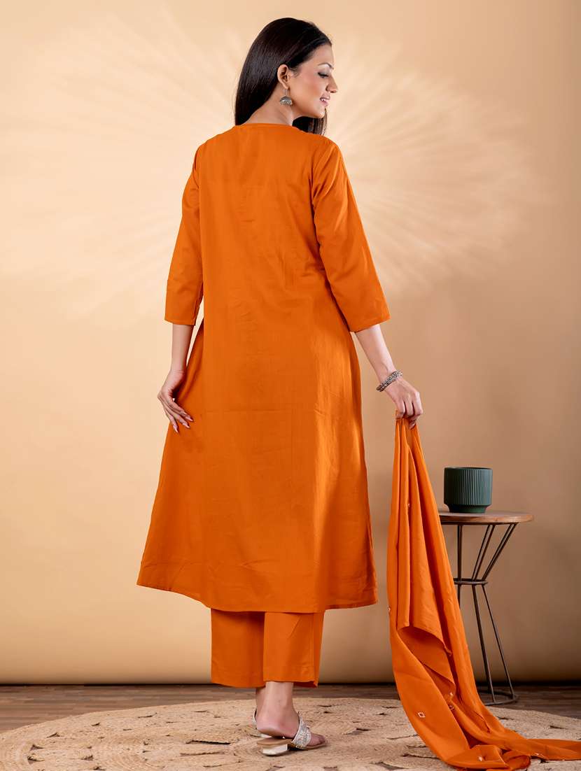 women solid with work three quarter sleeve kurta pant with dupatta set - 22187424 -  Standard Image - 3