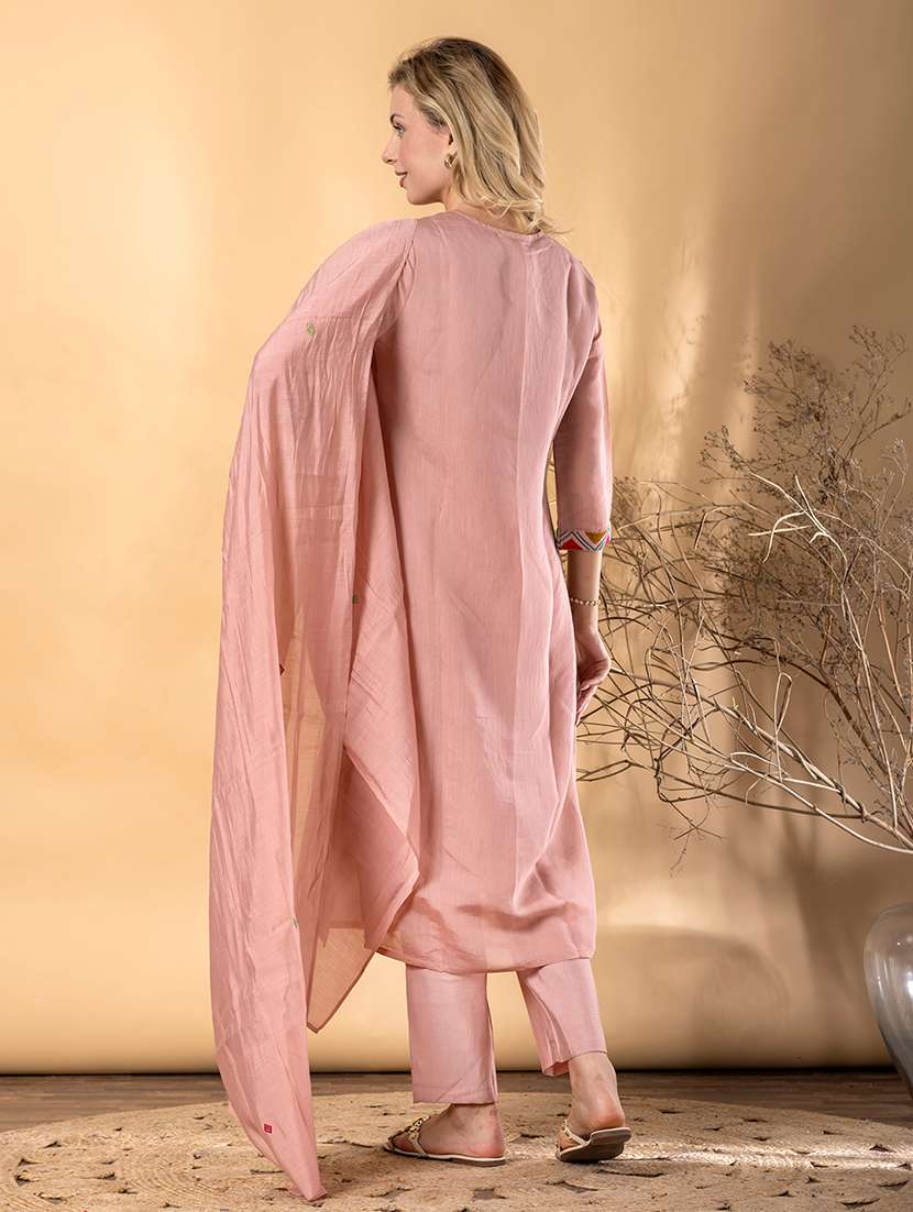 women solid with work three quarter sleeve kurta pant with dupatta set - 22187441 -  Standard Image - 3