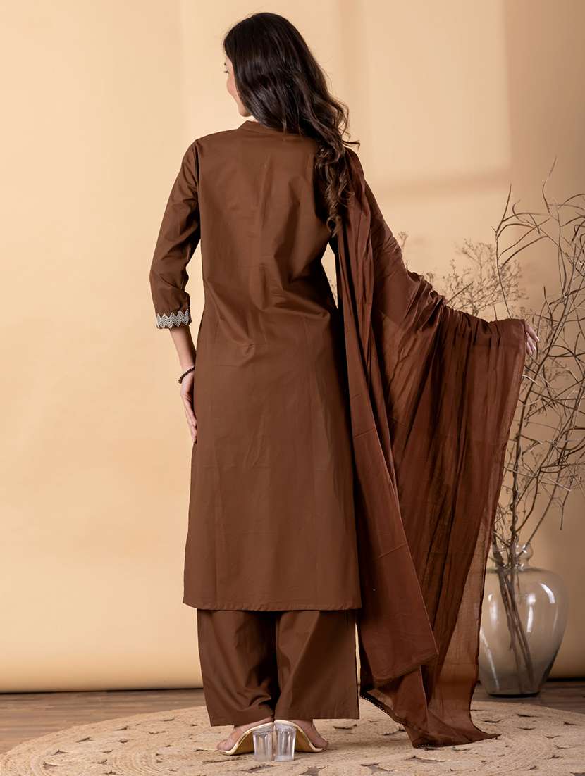 women solid with work three quarter sleeve kurta palazzo with dupatta set - 22187451 -  Standard Image - 3