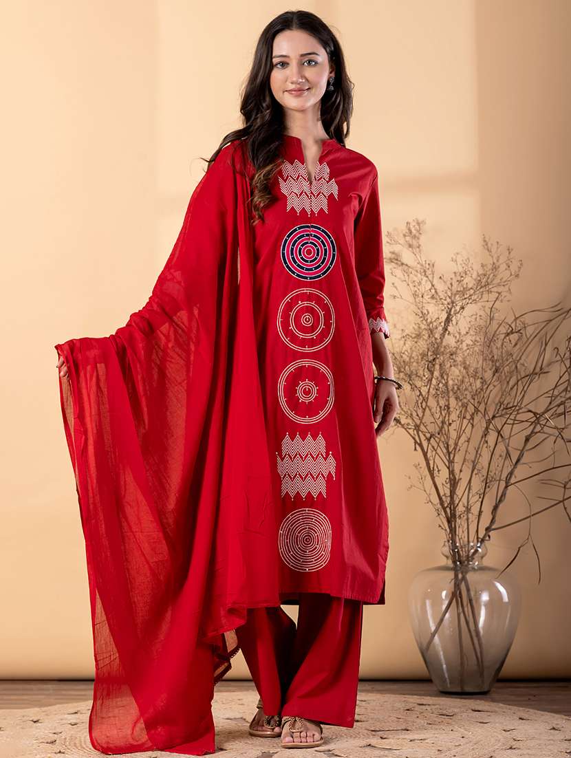 women solid with work three quarter sleeve kurta palazzo with dupatta set