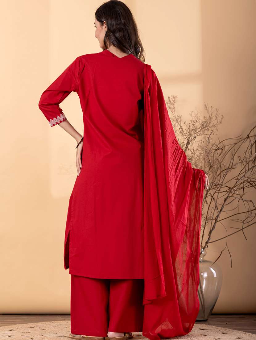 women solid with work three quarter sleeve kurta palazzo with dupatta set - 22187452 -  Standard Image - 3