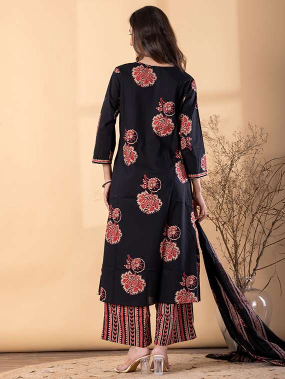 women floral three quarter sleeve kurta palazzo with dupatta set - 22187454 -  Standard Image - 3