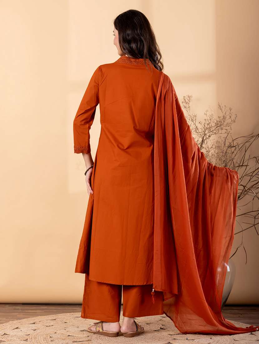 women solid with work three quarter sleeve kurta palazzo with dupatta set - 22187459 -  Standard Image - 3