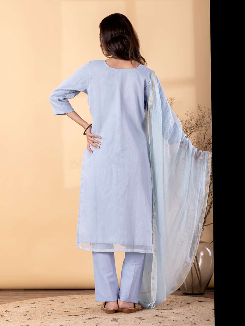 women solid with work three quarter sleeve kurta pant with dupatta set - 22187464 -  Standard Image - 3