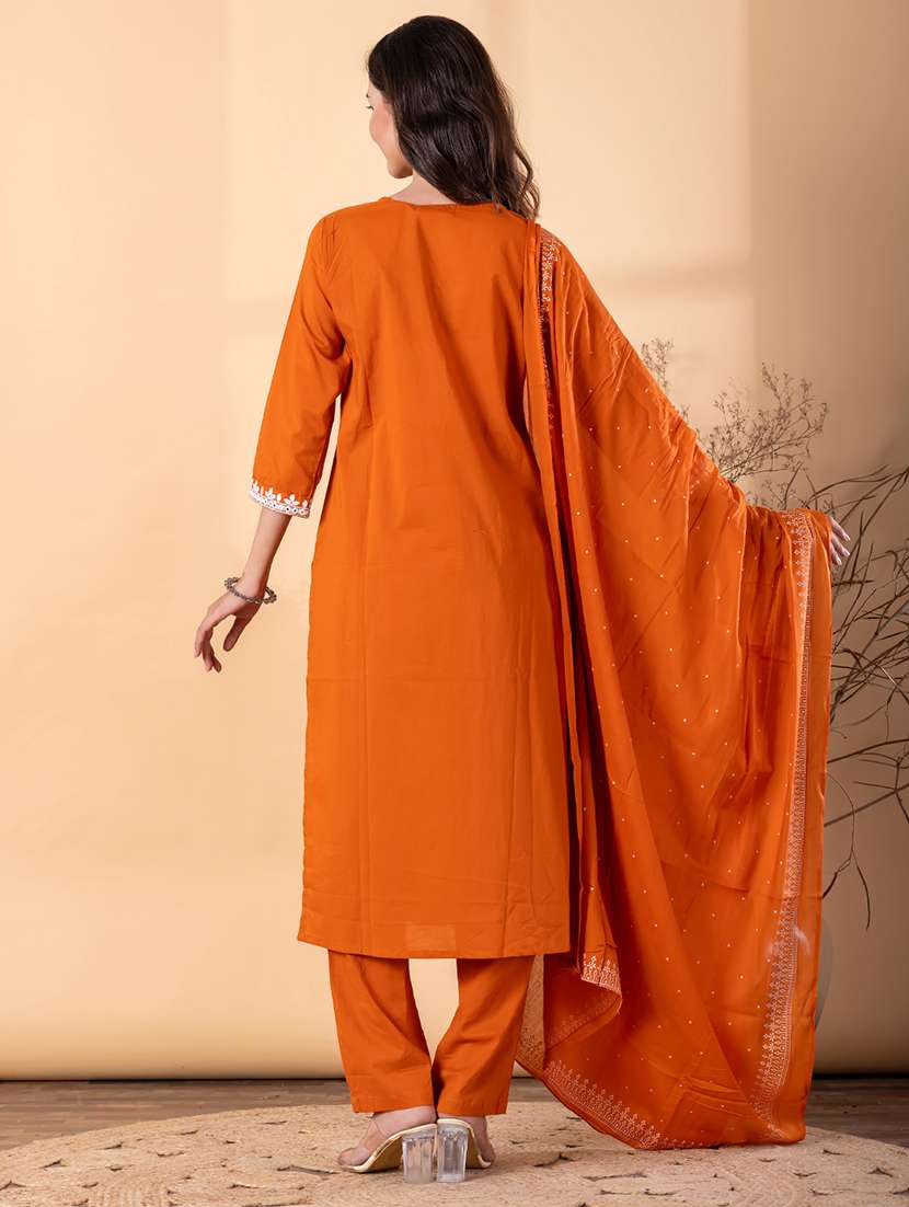 women solid with work three quarter sleeve kurta pant with dupatta set - 22187468 -  Standard Image - 3