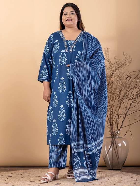 women plus size three quarter sleeve kurta pant with dupatta set