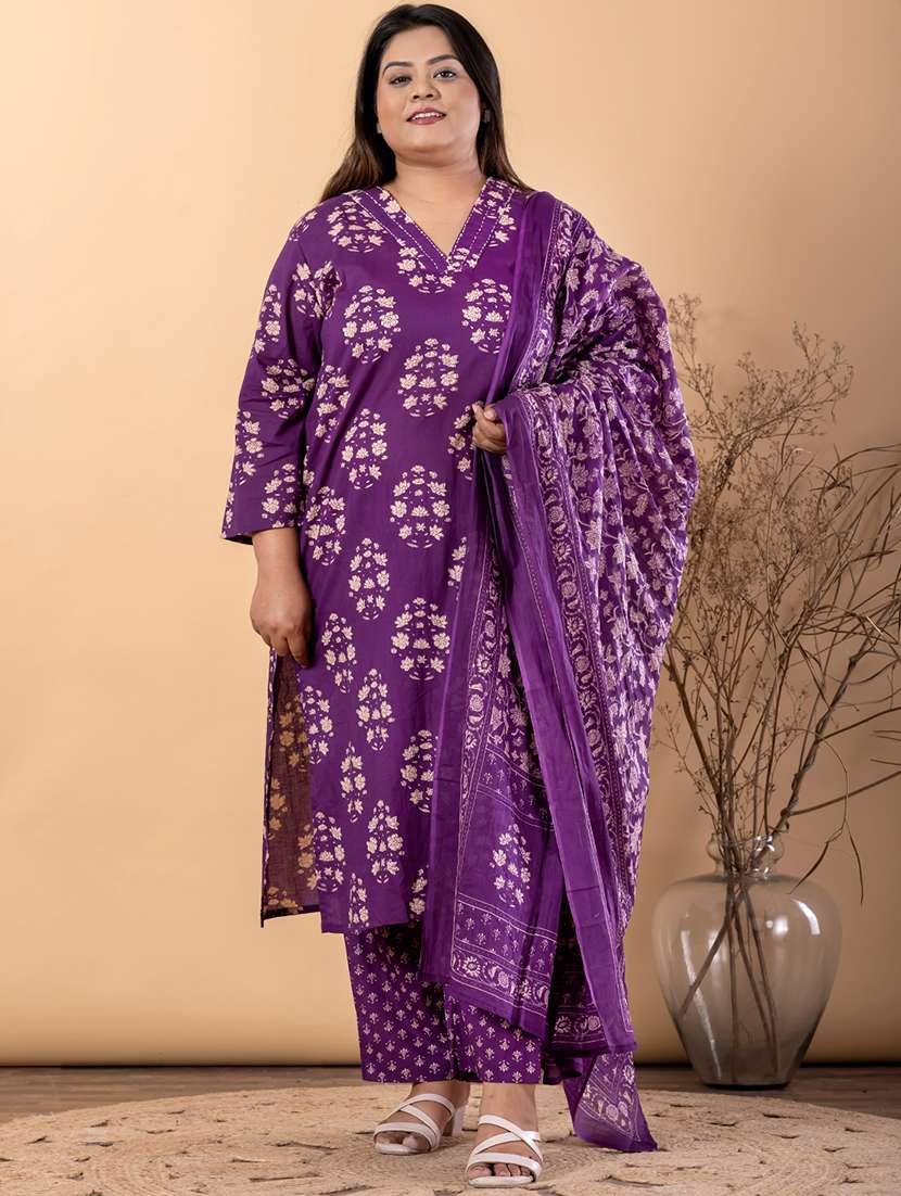 women plus size three quarter sleeve kurta pant with dupatta set