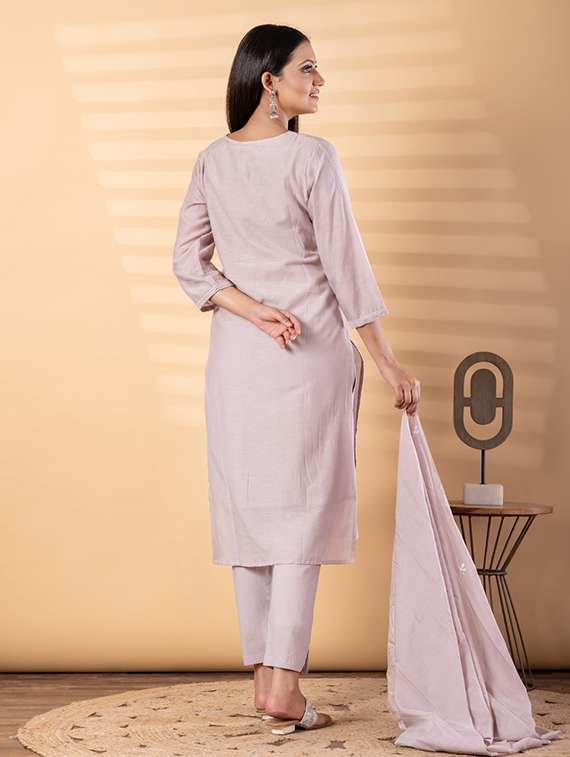 women solid with work three quarter sleeve kurta pant with dupatta set - 22187490 -  Standard Image - 3