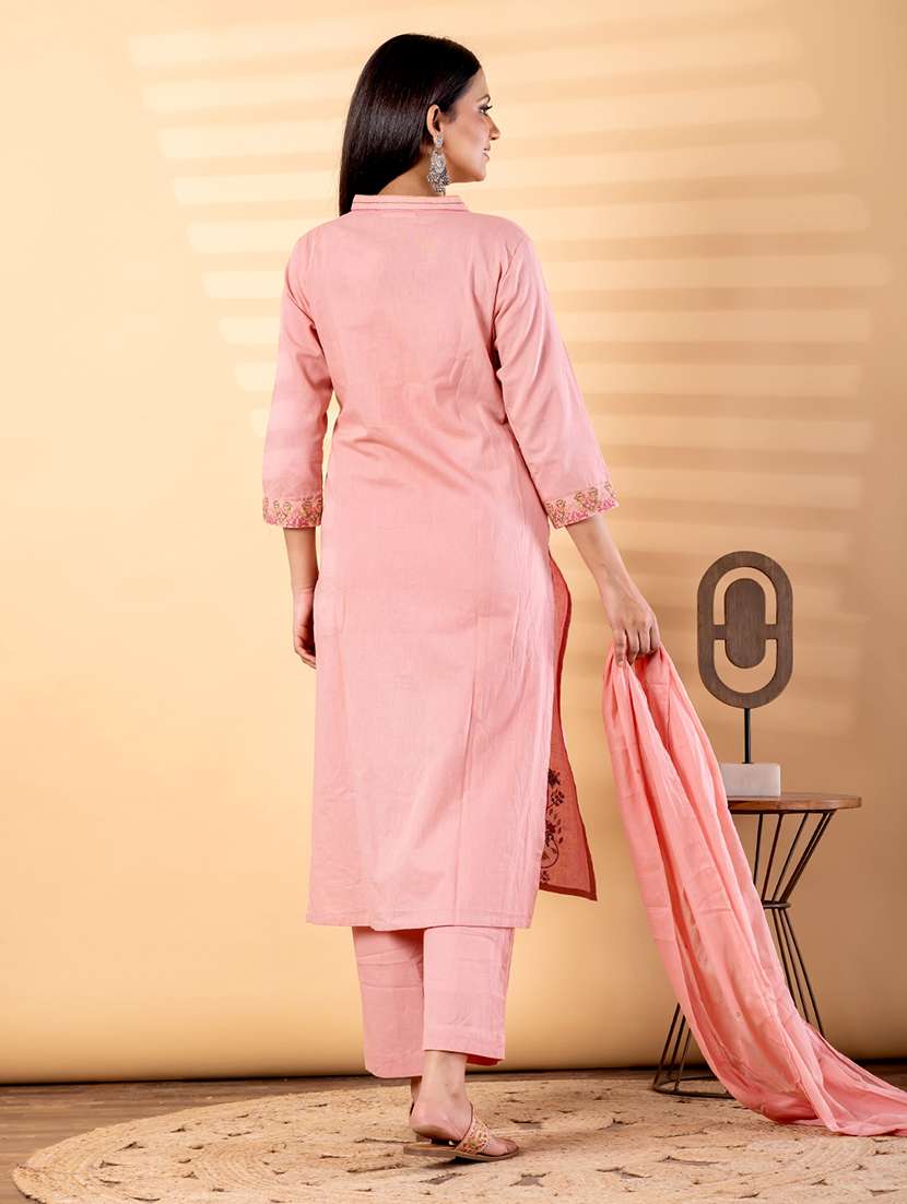 women solid with work three quarter sleeve kurta pant with dupatta set - 22187496 -  Standard Image - 3