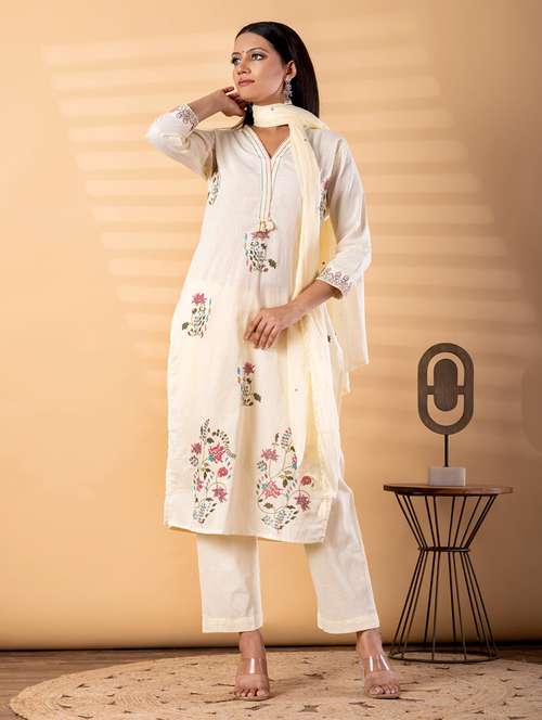 women solid with work three quarter sleeve kurta pant with dupatta set - 22187497 -  Standard Image - 0
