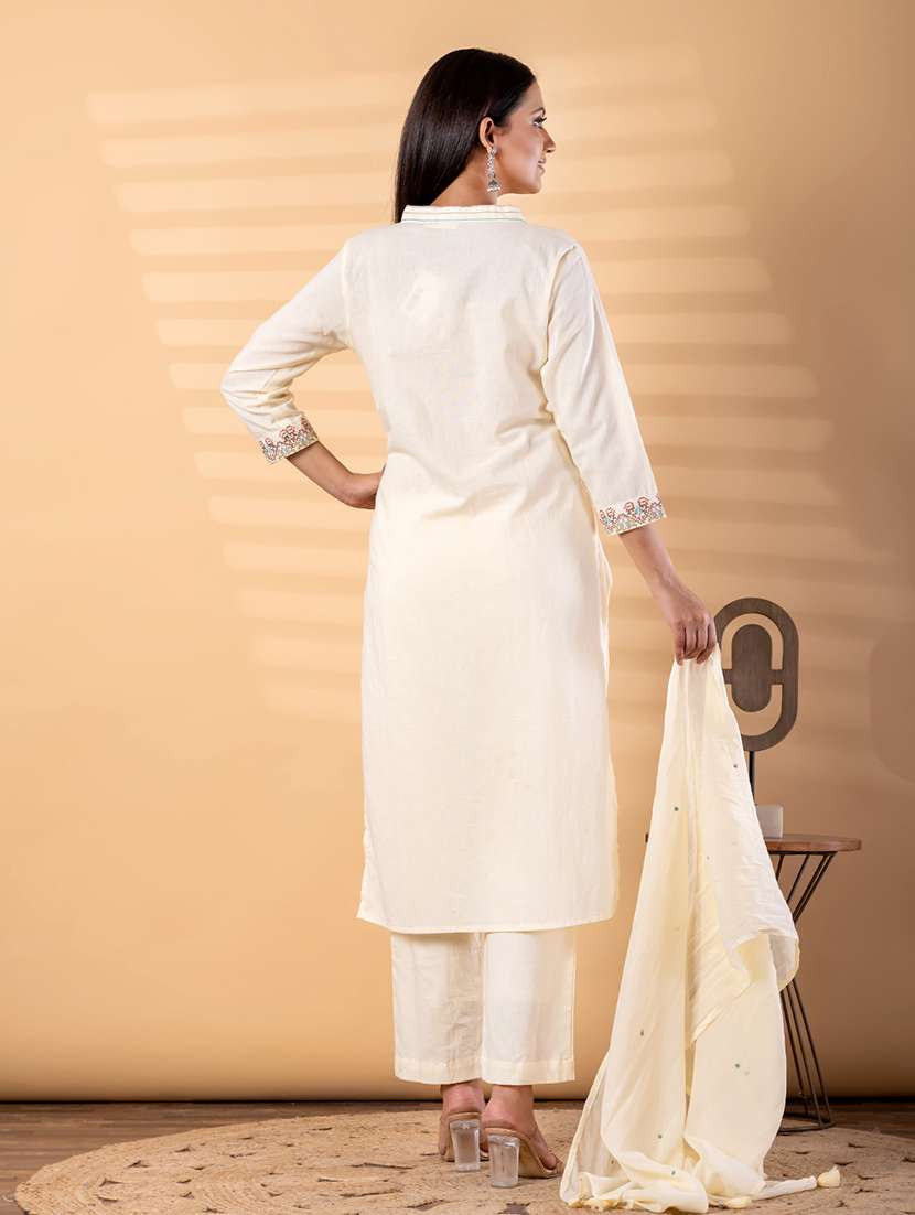 women solid with work three quarter sleeve kurta pant with dupatta set - 22187497 -  Standard Image - 3