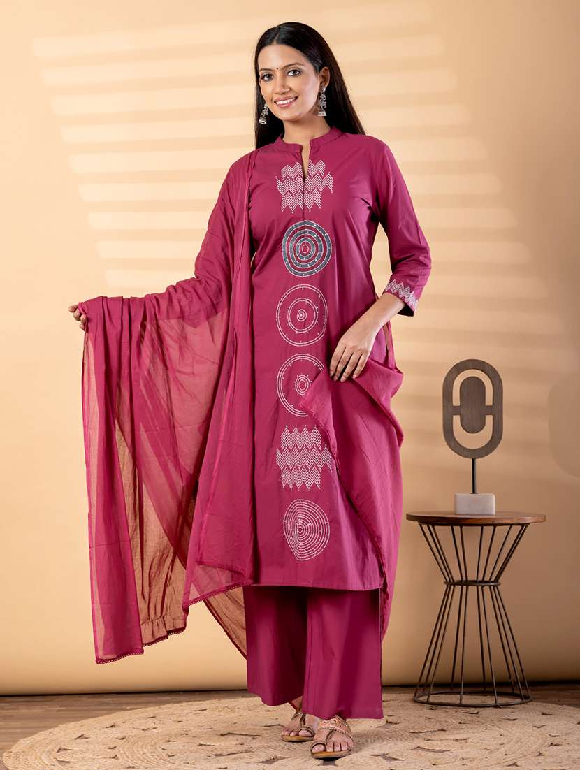 women solid with work three quarter sleeve kurta palazzo with dupatta set