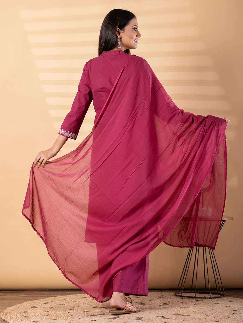 women solid with work three quarter sleeve kurta palazzo with dupatta set - 22187508 -  Standard Image - 3