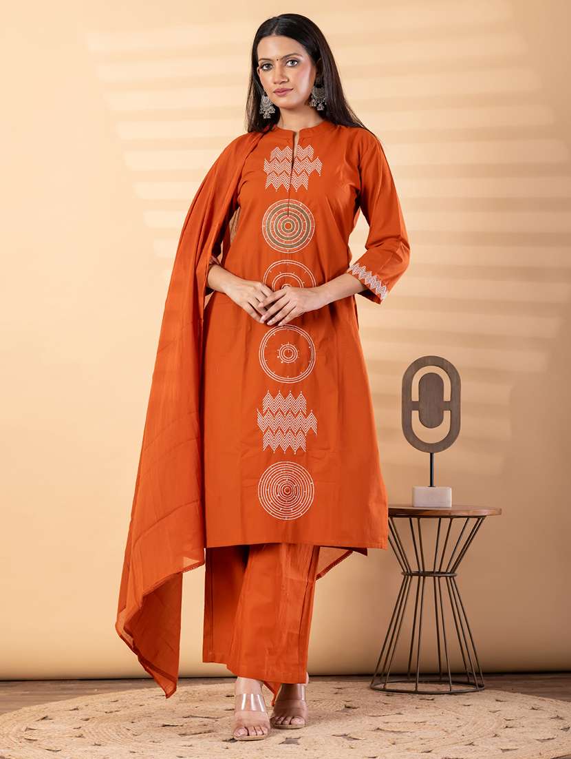 women solid with work three quarter sleeve kurta palazzo with dupatta set