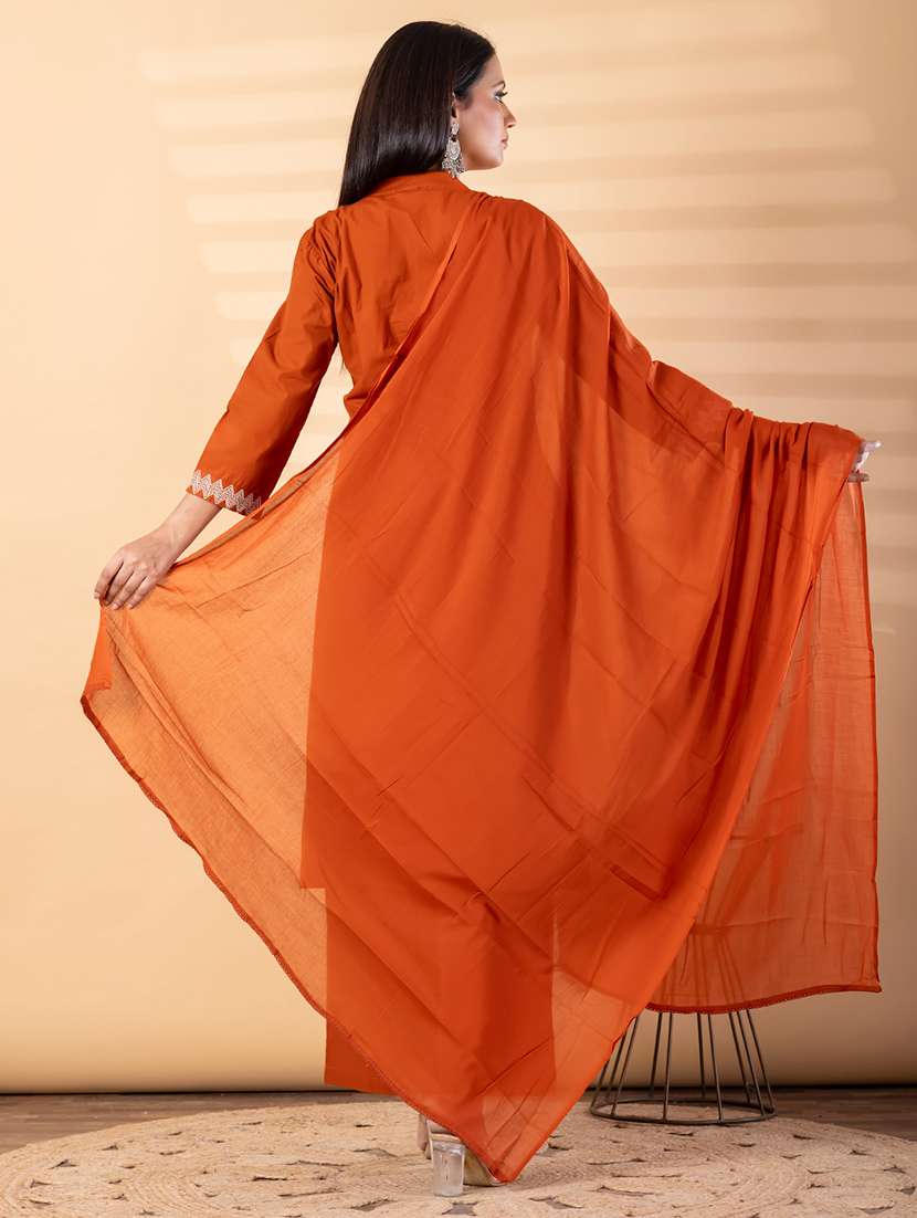 women solid with work three quarter sleeve kurta palazzo with dupatta set - 22187509 -  Standard Image - 3