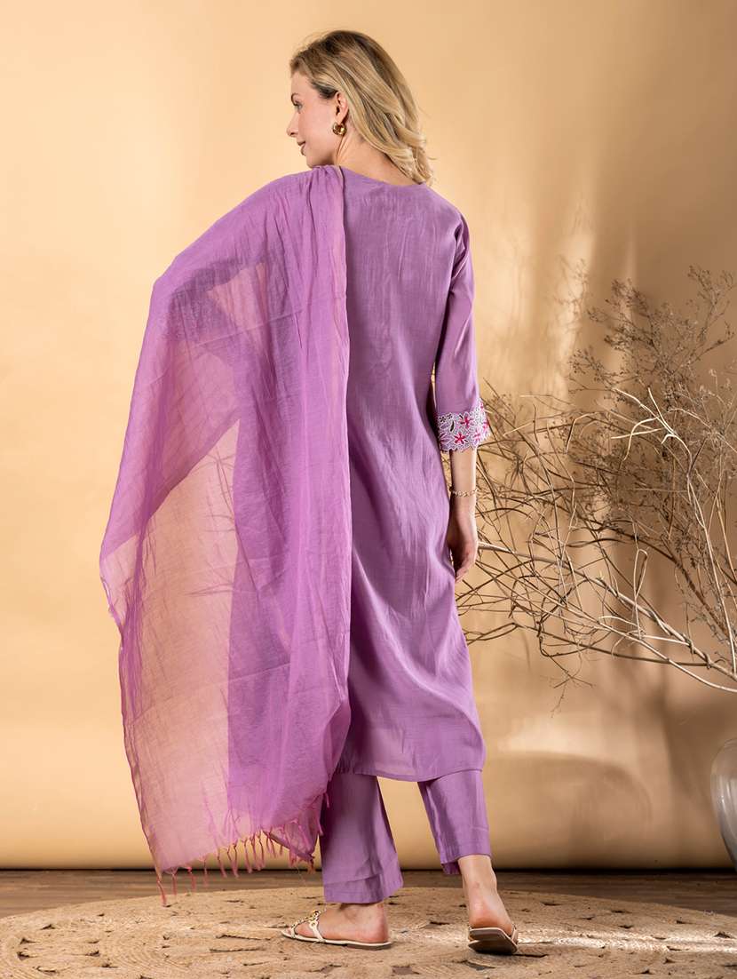 women solid with work three quarter sleeve kurta pant with dupatta set - 22187514 -  Standard Image - 3