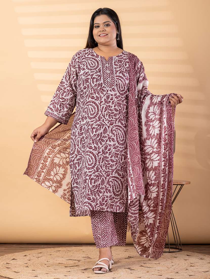 women plus size three quarter sleeve kurta pant with dupatta set