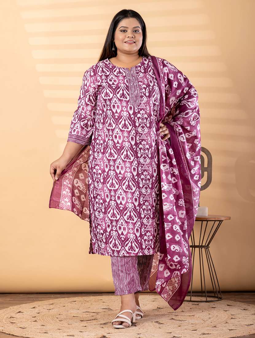 women plus size three quarter sleeve kurta pant with dupatta set