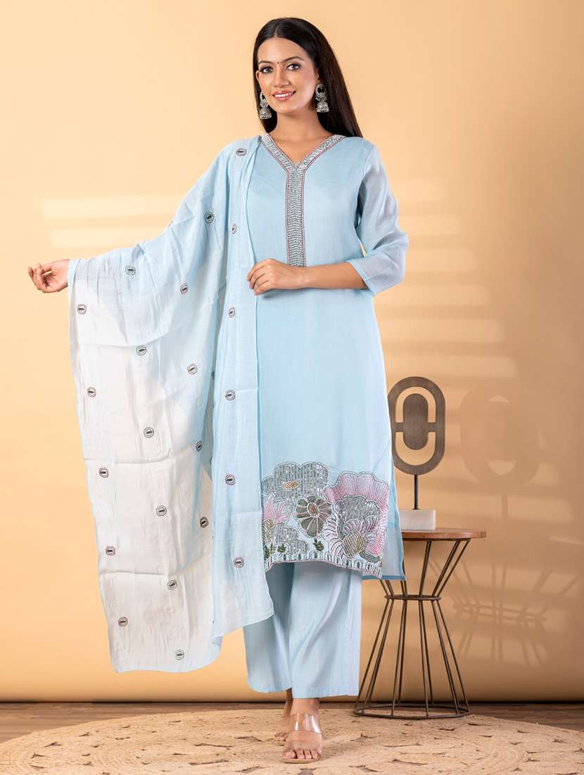 women solid with work three quarter sleeve kurta pant with dupatta set