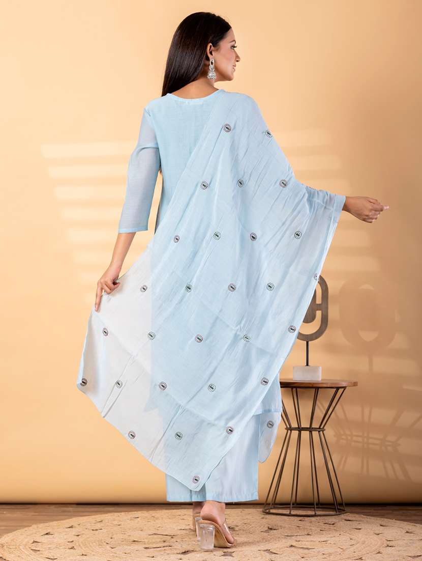 women solid with work three quarter sleeve kurta pant with dupatta set - 22187532 -  Standard Image - 3