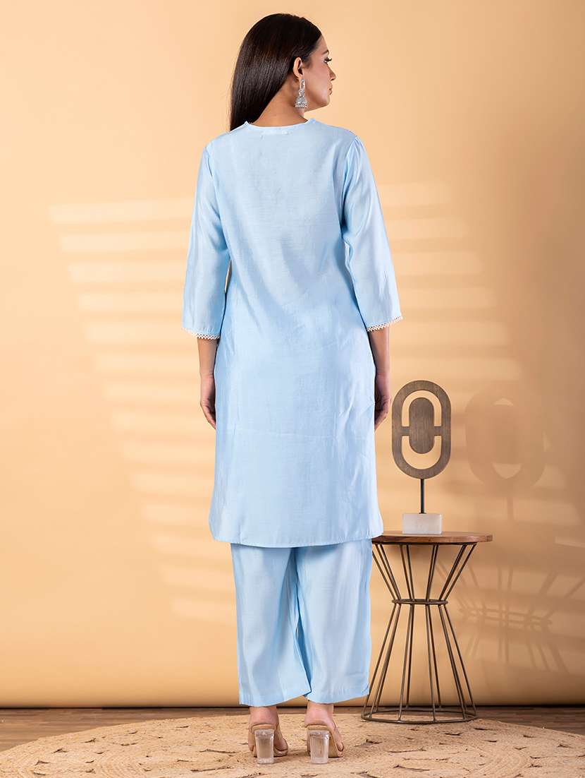 women solid with work three quarter sleeve kurta pant set - 22187533 -  Standard Image - 3