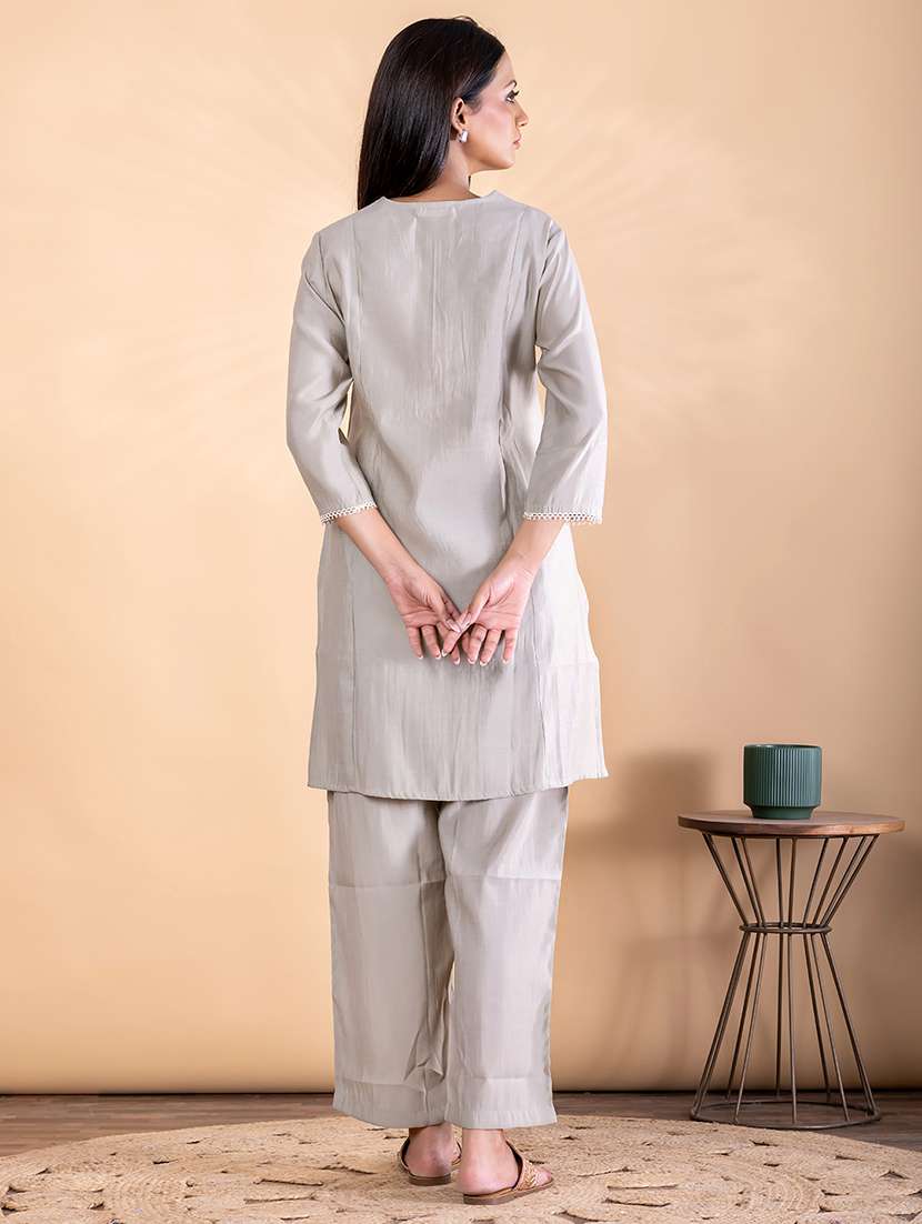 women solid with work three quarter sleeve kurta pant set - 22187534 -  Standard Image - 3