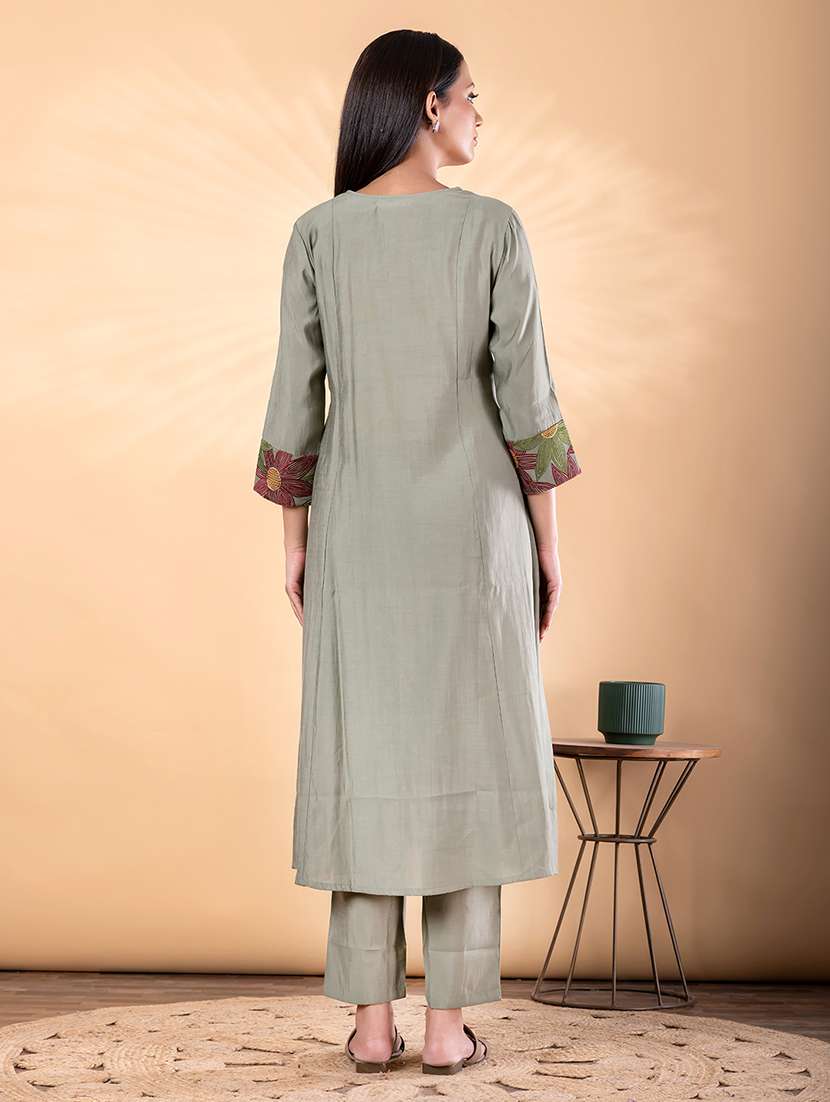 women solid with work three quarter sleeve kurta pant set - 22187535 -  Standard Image - 3