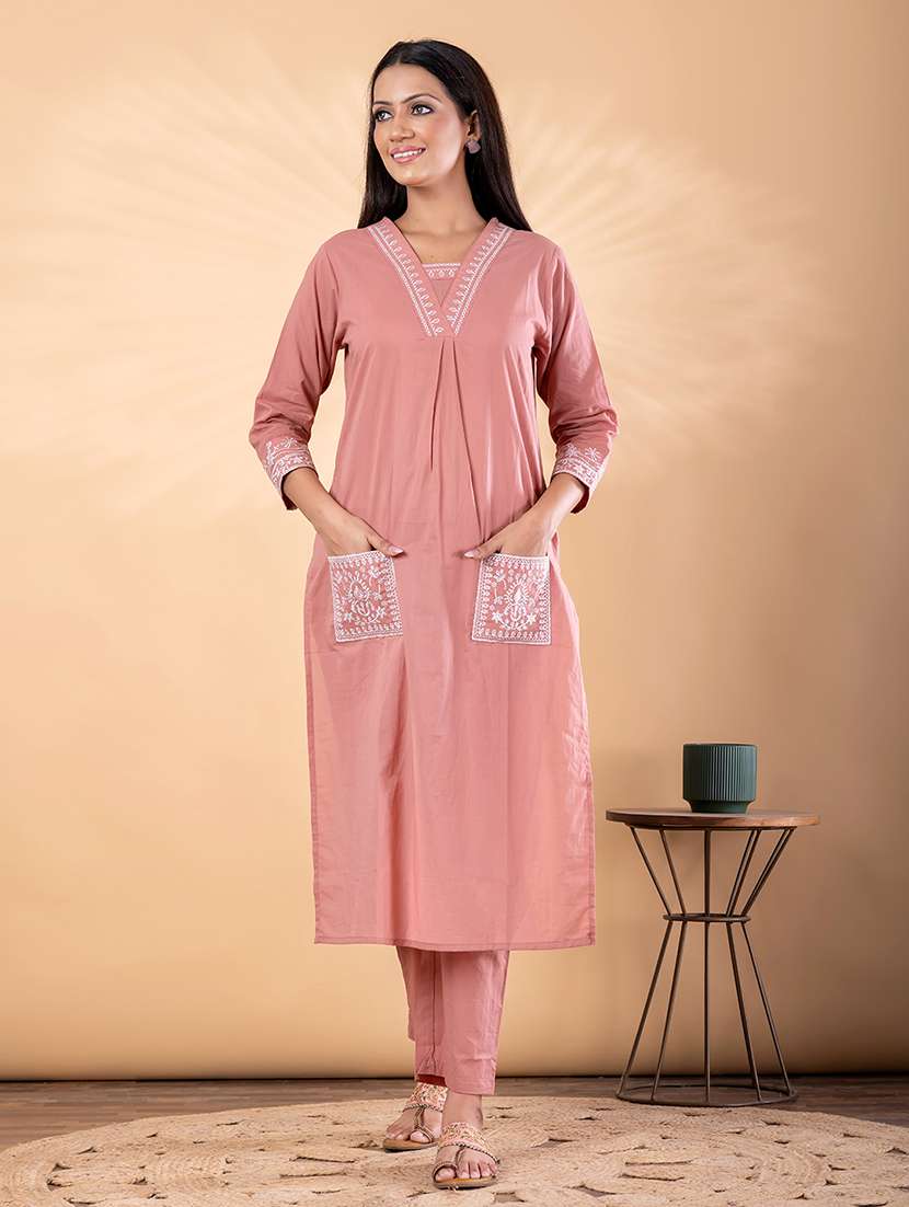 women solid with work three quarter sleeve kurta pant set