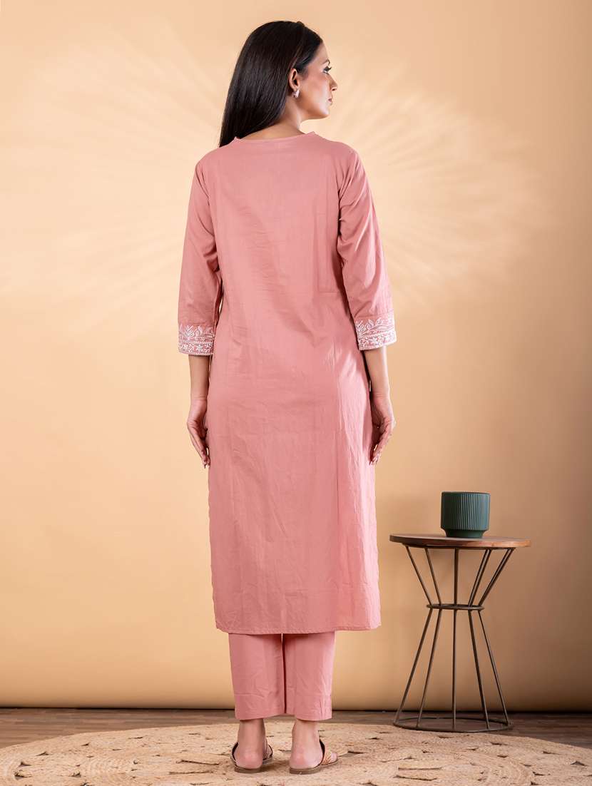 women solid with work three quarter sleeve kurta pant set - 22187538 -  Standard Image - 3